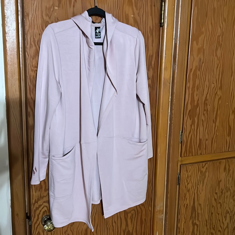 Pink cardigan with hood, I’m 5-6 and it hits about mid thigh
